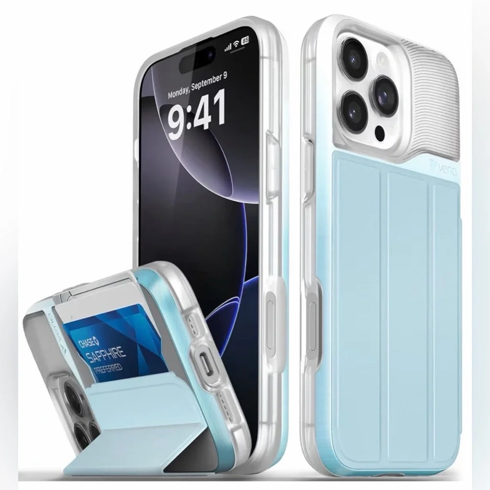 iPhone 16 Pro Max VENA vCommute w/Wallet Case Card Holder &Kickstand-Pastel Blue